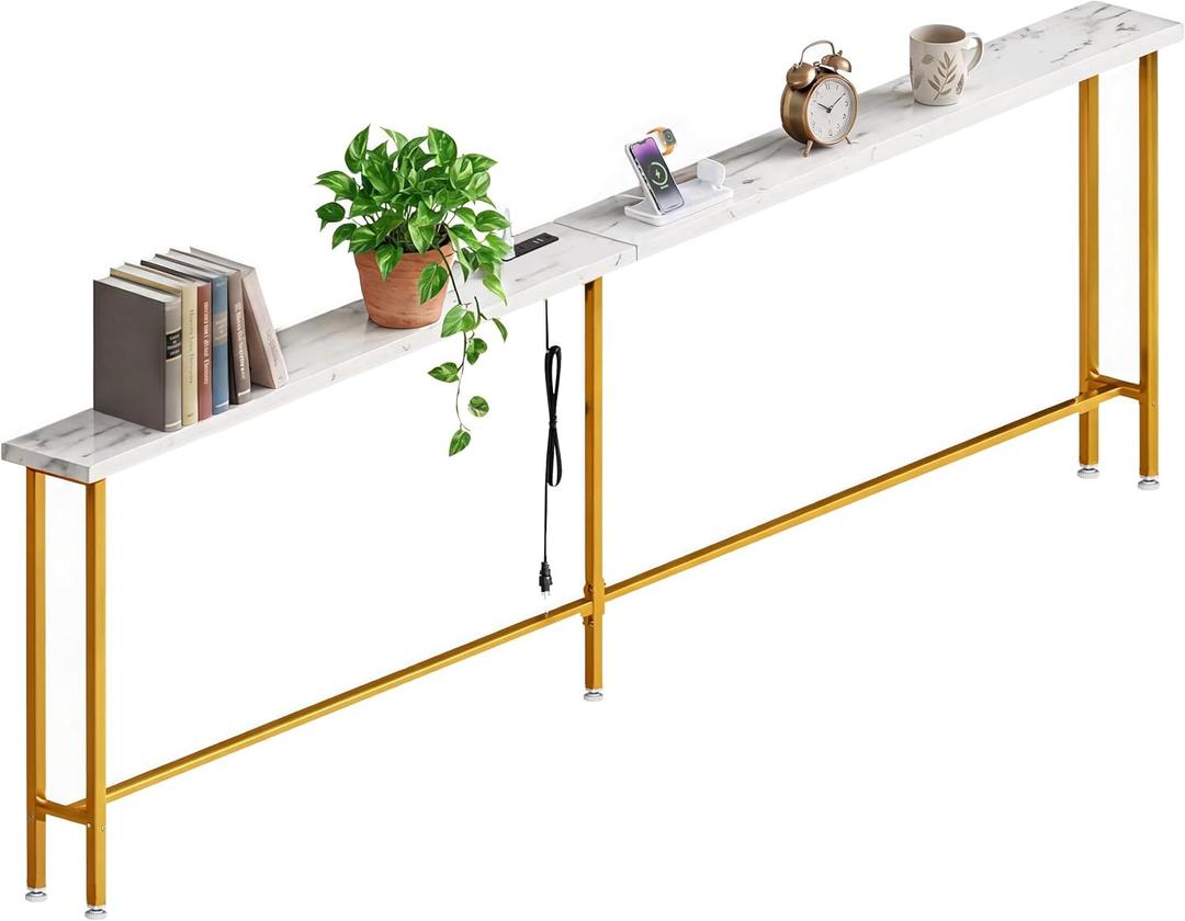 90" Narrow Sofa Table with Outlets (2 AC Outlets & 2 USB Ports), Behind Couch Table with Charging Station, Long Skinny Console Table for Living Room, Entryway and Hallway (White & Gold), 90.5"W x 5.9"D x 31.1"H