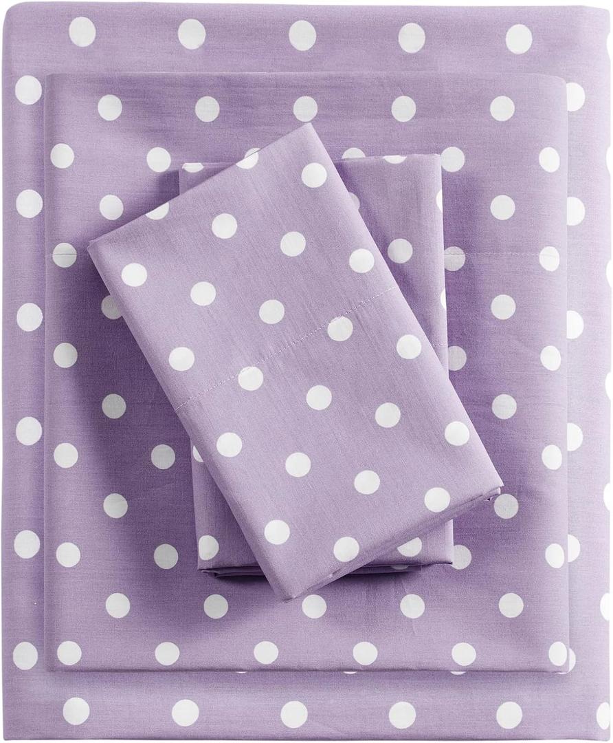 Mi Zone Purple Full Size Sheet Sets Kids Polka Dot Sheets for Girls 100% Cotton Percale Soft Sheet Set, Flat Sheet, Fitted Sheet, Pillowcase, Breathable All Season Bed Set, Fits up to 14" Mattress