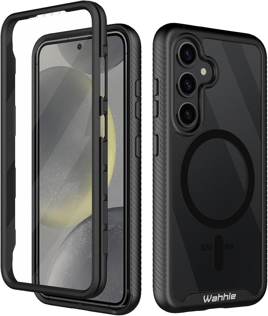wahhle Compatible with Samsung Galaxy S24 Case, Magnetic Wireless Charging Built in Screen Protector Full Body Shockproof Slim Fit Bumper Protective Phone Cover for S24 5G 6.1'' -Black/Clear