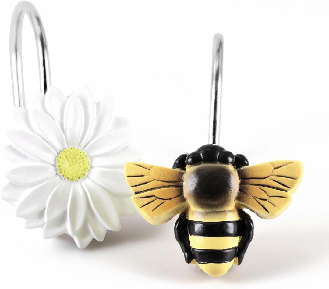 Daisy & Bee Shower Curtain Hooks: Cute Decorative Resin Flower Hooks with Rustproof Stainless Steel Rings - Spring Summer Garden Farmhouse Cottage Nature Inspired Bathroom Living Room Bedroom Décor