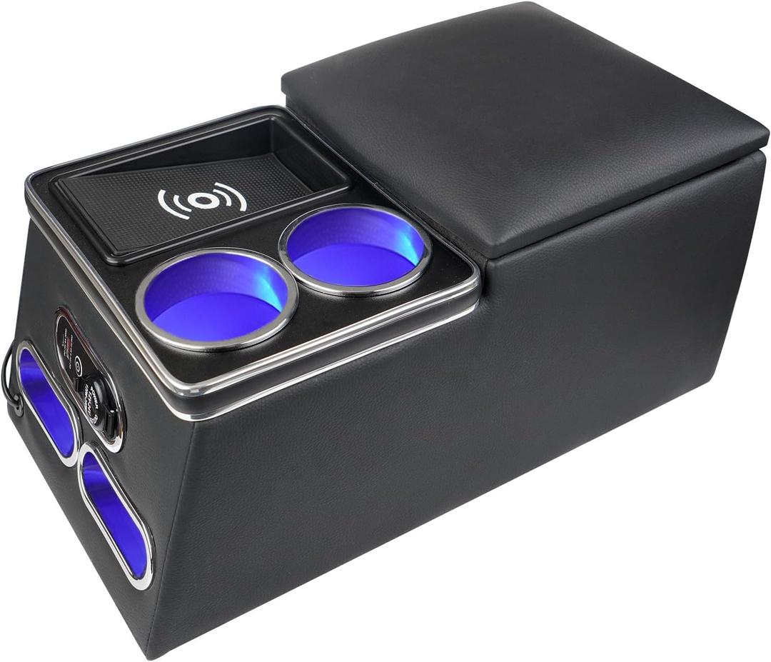 Upgrade Universal Center Console Organizer with Inductive Charging Stand, Fast Charging, Cup Holder, and Phone Holder for Car, Truck, and Van, Back Bench Seat Armrest Middle Storage Box