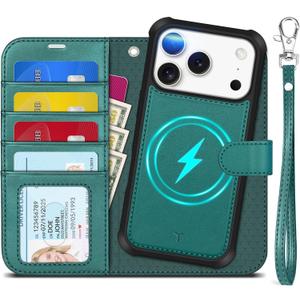 TUCCH 2-in-1 Removable Case Wallet for iPhone 17 Pro (6.3") 2025, Detachable Wrist Strap, 4 Card Holders RFID Blocking, Wireless Charging, Stand, Magnetic, PU Leather Shockproof Cover, Bluish Green