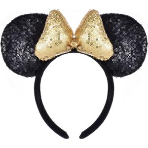 A Miaow 3D Black Mouse Sequin Ears Headband MM Glitter Butterfly Hair Clasp Park Supply Adults Women Girls Photo Accessory (Black and Golden)