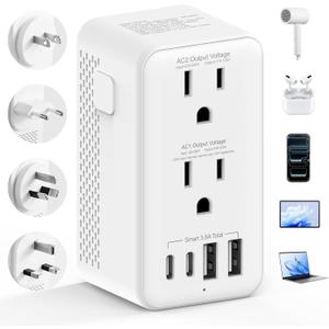 Upgraded 2500W 220V to 110V Voltage Converter US to Europe, Power Converter Adapter Combo with 2 USB-A 2 USB-C Port & UK/AU/US/IT/European/Asia Travel Outlet Plug Adapters for Hair Dryer