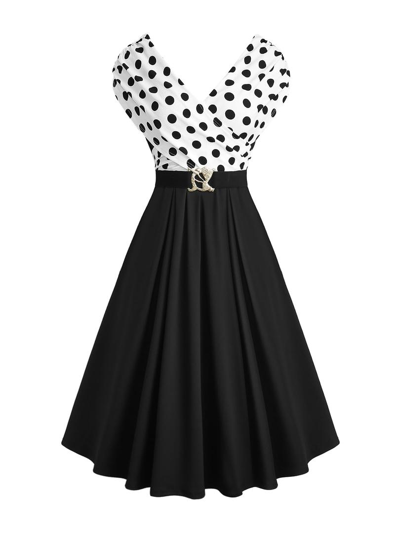 ROSE GAL Women Plus Size 1950s Vintage Retro V Neck Cocktail Swing Dress Crossover Sleeveless Polka Dot Ruched Fit and Flare 50s A Line Wedding Evening Party Belt Dress(Black_1/L)