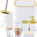 Bathroom Accessory Set White-9PC Set with Toilet Brush, Trash Can, Soap Dispenser, Q-Tip Holder | Modern Home Bath Essentials (White, Bath Set)