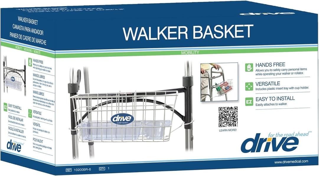 Drive Medical 10200B Walker Basket, Basket for Folding Walker with Cup Holder, White
