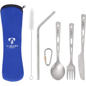 Titanium Knife Fork Spoon Drinking Straw Ultra-Light Weight Tableware Durable Flatware Cutlery Set w. with Carabiner clip Reusable Eco-friendly for hiking camping scouting outdoor sports long lasting