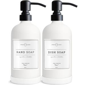 Vine Creations White Glass Soap Dispenser, 2 Pack Kitchen Soap Dispenser Set with Stainless Steel Pump, 16 oz Dish Soap and Hand Soap Dispensers for Bathroom with Waterproof Labels (Matte White Bottle / Matte Black Pump)