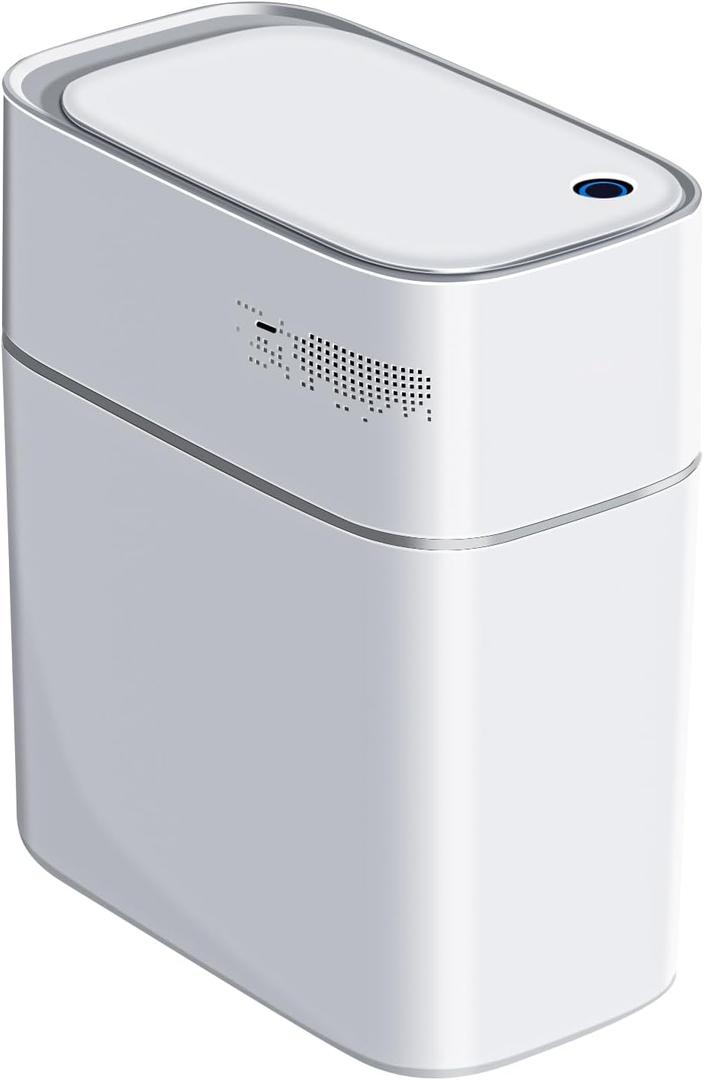 MOPUP Touchless Bathroom Trash Cans, Waterproof Motion Sensor Bedroom Garbage Can, 3.5 Gallon Slim Plastic Narrow Small Dogproof Trash Bin for Office,Living Room,Kitchen, White