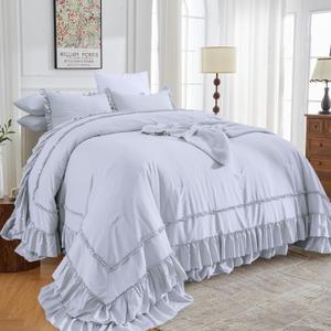 Sanracie Oversized King Comforter Sets 128" x 120", 3 Pieces Cornflower Blue Cotton Vintage Ruffle Bedding Comforter Set Lightweight Breathable Farmhouse Aesthetic Bedding Set