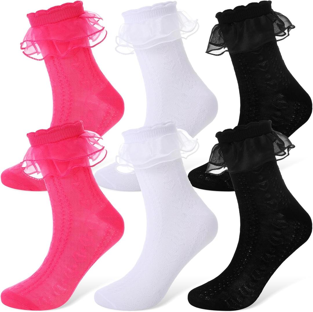 Geyoga 3 Pairs Halloween Women Ruffle Socks Turn Cuff, Double Lace Ankle Socks Cotton Lace Frilly Sock for Ladies (Rose Red, White, Black)