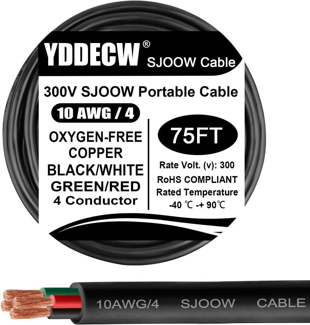 75ft 10/4 10 AWG Portable Power Cable (4 Conductor) - SJOOW 300V 10 Gauge Electric Wire for Motor Leads, Portable Lights, Battery Chargers and Machinery - 4 Conductor - 75 Feet Electrical Cord