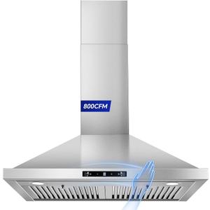 Wall Mount Range Hood 30 inch, 800 CFM Kitchen Hood Stainless Steel Stove Vent Hood with Gesture Sensing & Touch Control, Ducted/Ductless Convertible Duct, 3-Speed Fan, LED Lights, Baffle Filters