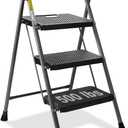 3 Step Ladder, GOLYTON Folding Step Stool with Anti-Slip Wide Pedal & Convenient Handgrip, 500lbs Capacity Steel Ladder for Household and Office, Grey (3-Step, Gray)