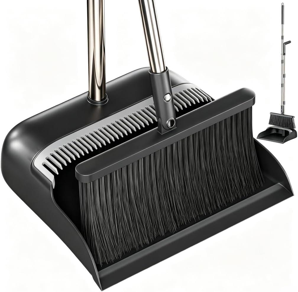 Broom and Dustpan Set, 52" Long Handle Standing Broom with Dustpan Combo Set with Dust Pan Teeth to Clean Pet Hair, Easy Sweeping Suitable for Home Kitchen Office Lobby