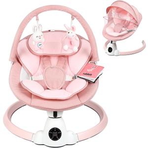 Baby Swing for Infants, Portable Electric Baby Swings with Bluetooth, 5 Swing Speed, 10 Lullabies, 5-Point Harness, Remote Control & Touch Panel - Infant Swing for Indoor & Outdoor Use, Pink