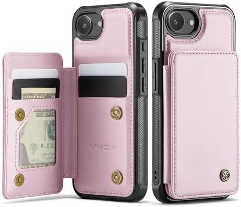 Vinich for iPhone 16e Wallet Case with Card Holder, RFID Blocking Credit Slots Kickstand Shockproof Phone Cover for Women Men, Rose Gold