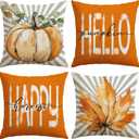 Artscope Fall Decorative Throw Pillow Covers 18x18 Inch Set of 4, Hello Happy Autumn Pumpkin Striped Maple Leaves Harvest Outdoor Farmhouse Pillow Cases for Home Sofa Couch-Orange D