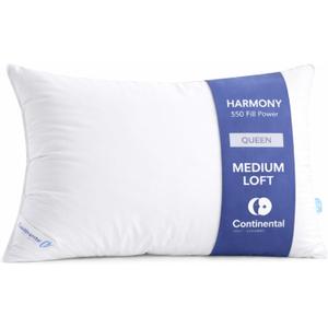 Continental Bedding Harmony White Goose Down Pillow 550 Fill Power Medium Loft 100% Cotton 300 Thread Count Shell Queen Size 1 Pack Made in USA