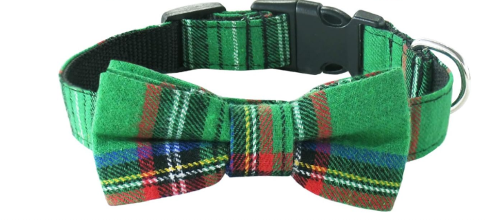 Malier Dog Collar with Bow tie, Christmas Classic Plaid Snowflake Dog Collar Holiday for Small Medium Large Dogs Cats Pets (Scotland Green Plaid, Medium)