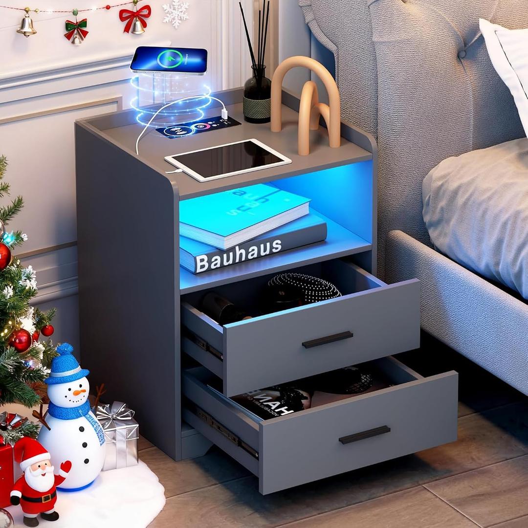dnbss Grey Night Stand with Wireless Charging Station, Nightstand with 2 Drawers, Smart Bedside Table with 24-Color RGB Lighting, Modern LED Lighted Nightstand for Bedroom, Large