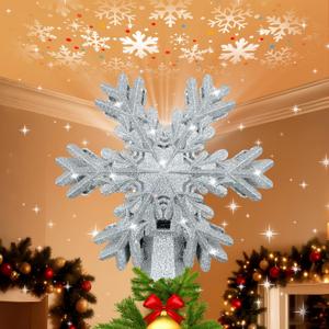 Christmas Tree Topper Lighted with LED Rotating Silver Snowflake Projector, 3D Hollow Glitter Lighted Silver Snow Christmas Star Tree Topper with Plug for Indoor Outdoor Christmas Tree Decorations, 8.66 Inches X 8 Inches X 1.97 Inches