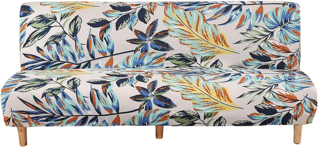 WOMACO Printed Futon Cover Stretch Sofa Bed Slipcovers Full Twin Queen Size Armless Couch Loveseat Protector Covers with Elastic Bottom for Living Room Bedroom Furniture (Rain Leaves, 63"-75") (Pattern #1)