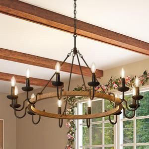 Wellmet Rustic Wagon Wheel Chandelier, Farmhouse Wooden Painted Black Wagon Wheel Chandelier, 12-Light Candle Wheel Pendant for Dining Room, Living Room, Bathroom, Bedroom, Entryway, Hallway, 45''W