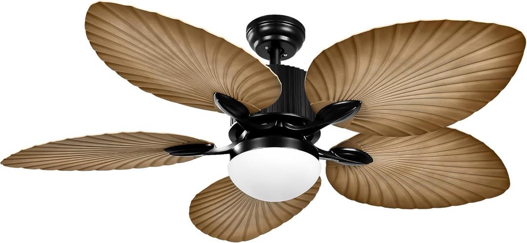 YITAHOME Tropical Ceiling Fan with LED Light and Remote, 52 Inch Palm Leaf Fan for Patio with Memory Function, 5 Leaf Blades, Reversible DC Quiet Motor, for Porch, Farmhouse, Indoor (Light wood grain)