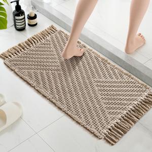 H.VERSAILTEX Waffle Bath Mat Super Absorbent Boho Bath Mat Non Slip Bath Rugs for Bathroom Floor Machine Washable Dry Fast Bathroom Rugs with Handmade Tassels, 17" x 24", Irish Cream