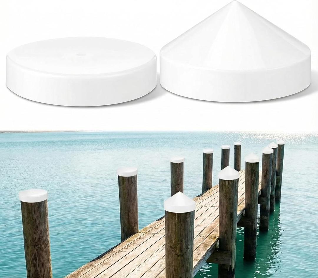 2 Pack Marine Dock Piling Caps Set 9 Inch White Conical and Flat Top Design Marine Docks Post Pole Weatherproof Dock Pile Protector for Post Caps Boat Pylon Pole Pipe