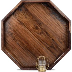 20 Inches Extra Large Octagonal Black Walnut Wood Ottoman Tray with Handles, Serve Tea, Coffee Classic Wooden Decorative Serving Tray