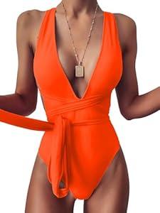 Lilosy Sexy Lace Up Plunge Neck Backless High Waisted Low Cut Leg Rise Thong Cheeky Brazilian 1 Piece Bikini Swimsuit Women Back Bathing Suit Tie Criss Cross Monokini Neon Orange X-Large