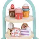 Wooden Dessert Cake Play Food Set Toys, Pretend Play Kids Tea Party Set for Little Girls Toddlers, Montessori Wooden Play Kitchen Accessories Sets for Kids