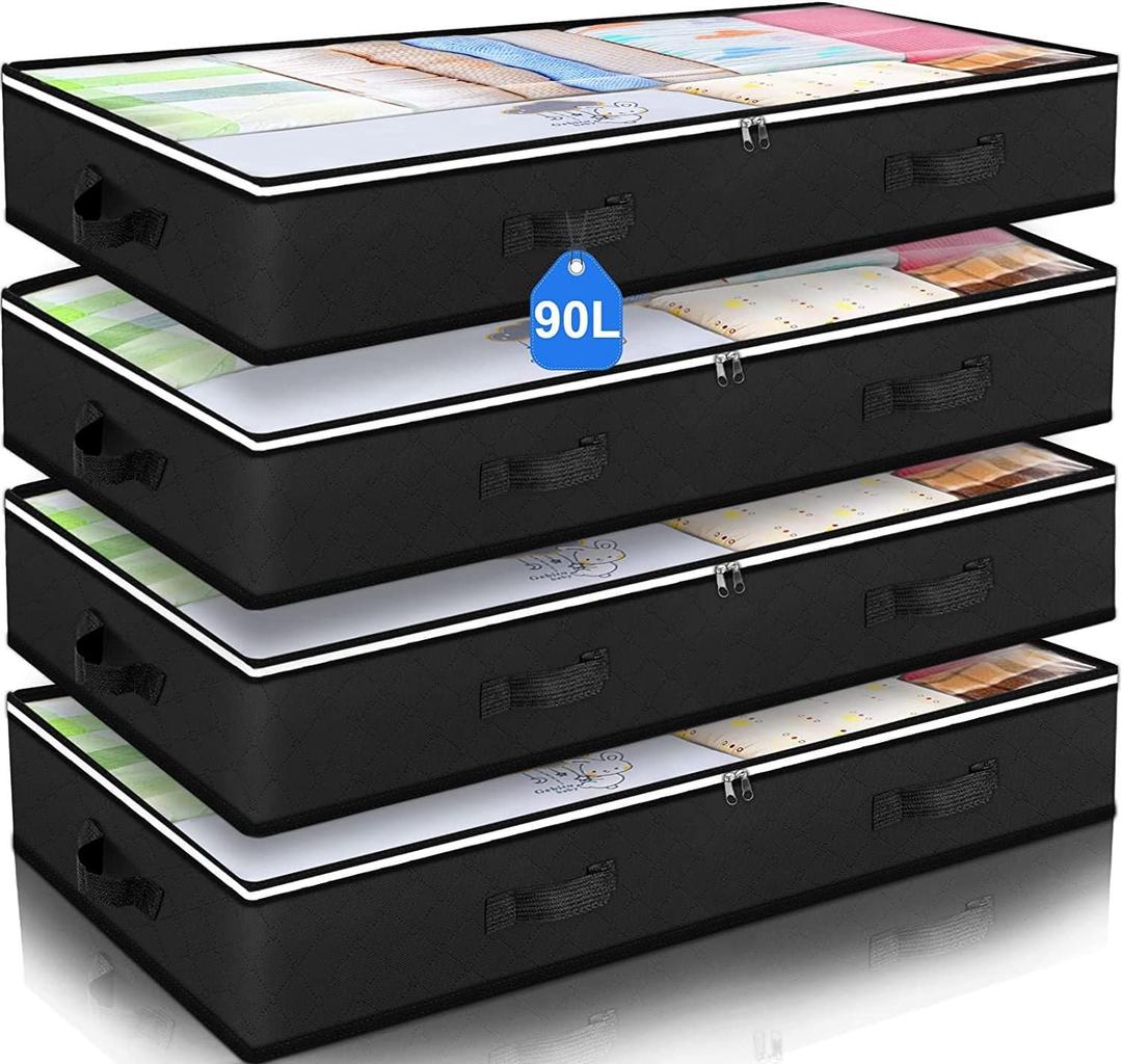 90L Under Bed Storage Containers, Closet Organizers and Storage Bins, Foldable Underbed Storage Bags for Blankets, Towels, Comforter, Sweaters, Linen Sheets, Wrapping Paper (Black, 4 Pack)
