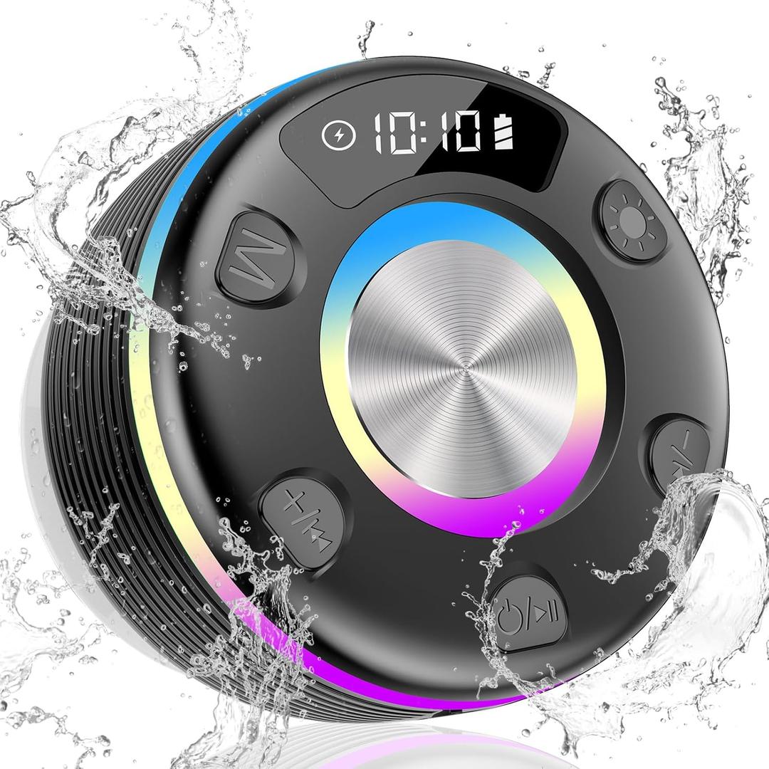 OYIB Bluetooth Shower Speaker, Portable Bluetooth Speaker 360 HD Sound, RGB Lights, IPX7 Waterproof Wireless Speaker with Suction Cup and Mic, Shower Radio for Party/Outdoor/Travel/Gifts/Black
