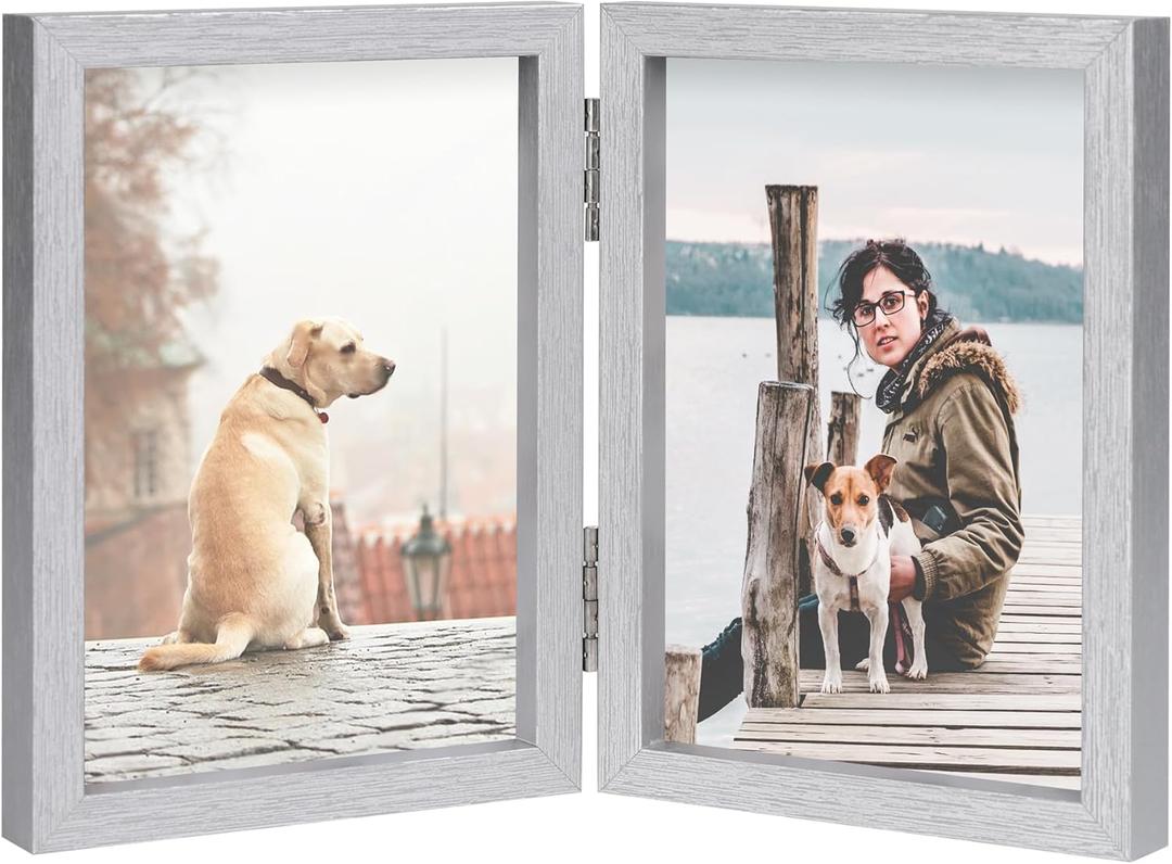FOREV 3.5x5 Double Picture Frame Wooden Hinged Photo Frame Definition Glass Stand Vertically on Desktop or Tabletop Silver