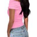Women's Off The Shoulder Crop Top Asymmetrical Tshirt Pink S (Pink, S)
