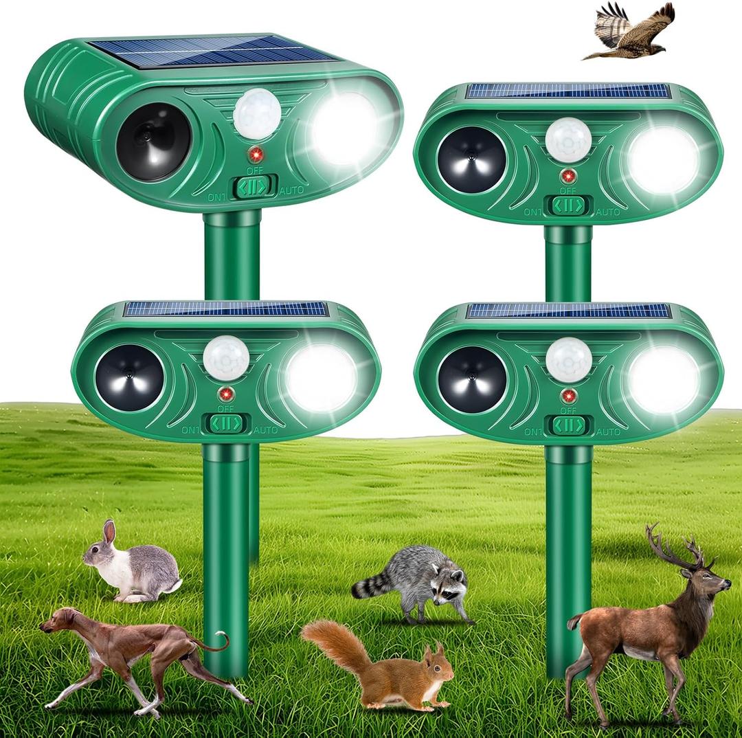 2026 Upgraded Solar Ultrasonic Animal Repellent IP65 Waterproof Deer Repellent Devices Motion Activated Cat Deterrent Outdoor with Flash Light to Keep Rabbit Skunk Squirrel Bear Out of Garden, 4 Pack