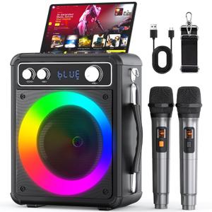 Karaoke Machine, Portable Bluetooth Karaoke Speaker with 2 Wireless Microphones, PA System for Adults Kids with LED Lights & Echo Adjustment, Supports TWS/TF/USB/AUX for Home Party (T03-2 MICS)