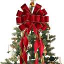 LaRibbons Large Red Velvet Christmas Tree Topper Bow, 13"x51" Holiday Ribbon Tree Topper, Classic Christmas Tree Decoration with Gold Trim, Xmas Indoor Outdoor Ornament