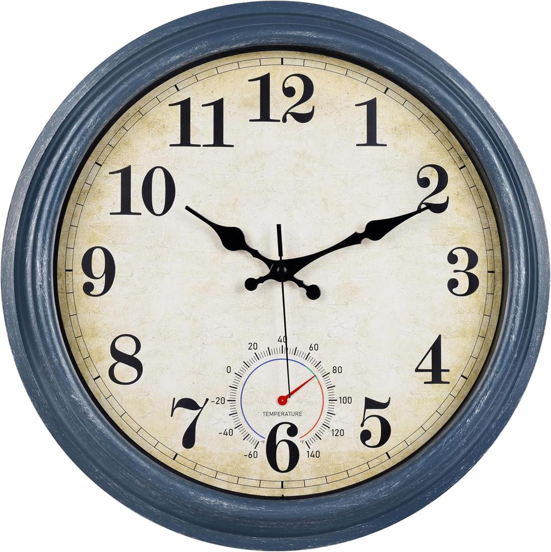 Large Outdoor Clocks Waterproof with Thermometer Combo Rustic Coastal Wall Clock Decor for Bathroom Patio Pool (16 Inch,Blue)