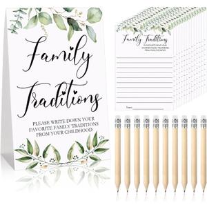 Fumete 61 Pieces Babyshower Games Include 1 Family Traditions Standing Sign and 50 Family Traditions Activities Cards with 10 Pencils(Greenery)