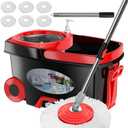 FunClean 360 Spin Mop and Bucket Set with Wringer, 6 Extra Microfiber Heads, 61" Extended Handle for Effortless Floor Cleaning, 2X Wheel Design - Black