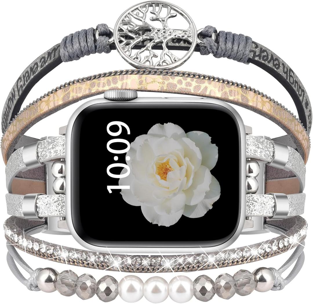 Boho Dressy Bracelet for Apple Watch Band 46mm 40mm 38mm 41mm 44mm 42mm 45mm 49mm Women, Elegant Handmade Beaded Leather Strap Accessories for iWatch Bands SE Series 11 10 9 8 7 6 5 4 3 2 1 (Silver/Tree of Life)