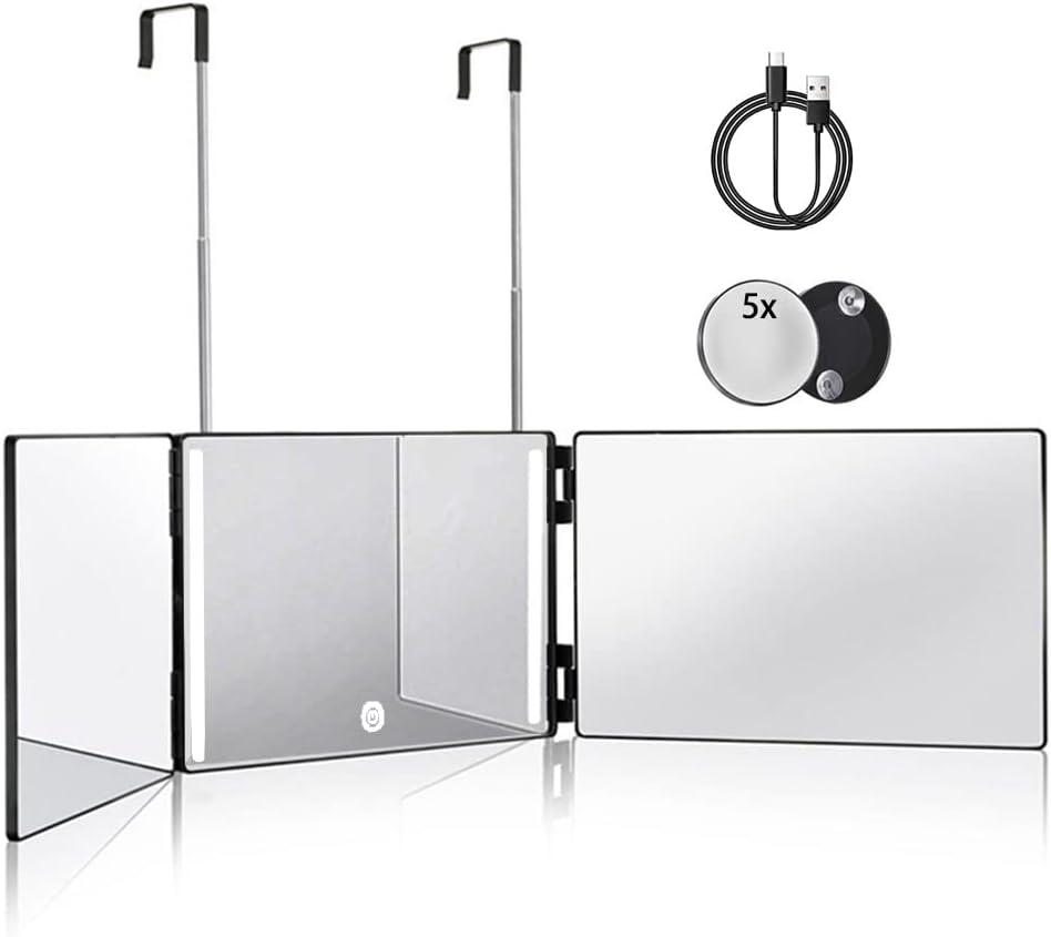 HIEEY 3 Way Mirror for Hair Cutting with LED,360 Trifold with Height Adjustable Telescoping Hooks,and 5X Magnification,for Makeup and Styling (Black)