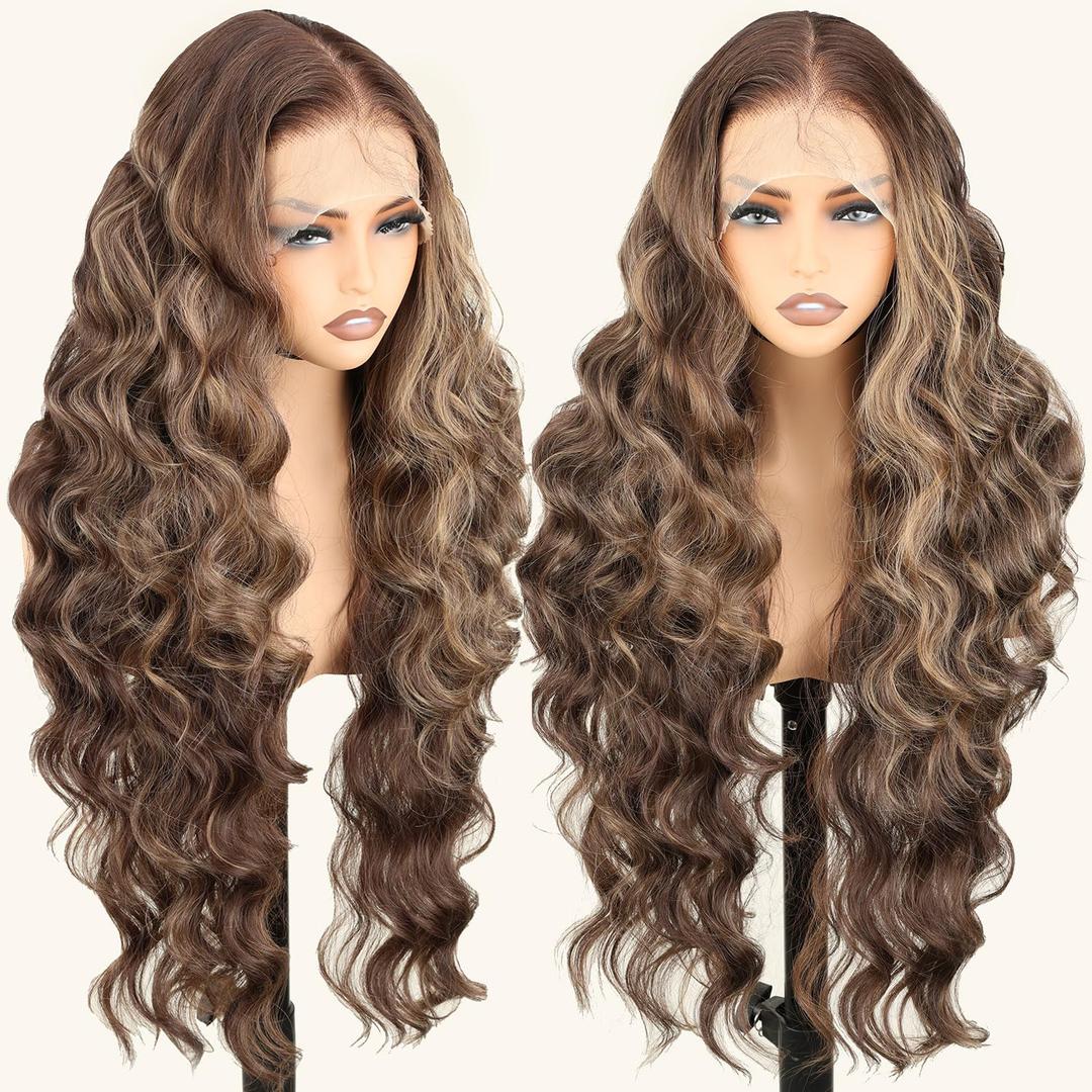 SOKU 13x6 Lace Frontal Wig Highlighted 32 Inch Body Wave Pre Plucked Babyhair Transparent HD Lace Heat Friendly Highlights Brown Bouncy Synthetic Hair