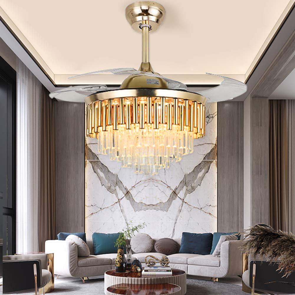 MORE CHANGE 42" Crystal Fandaliers Ceiling Fan with Lights Retractable Blades Remote Control Modern Chandelier Fan 3 Speeds 3 Color Changes Lighting Fixtures, Silent Motor with LED Kits