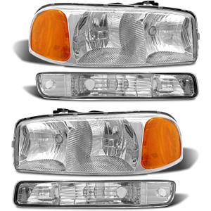 compatible with 1999-2006 Sierra Headlight Assembly for 99-06 GMC Sierra 1500 2500 3500/00-06 GMC Yukon Clear Lens Chrome Housing with Amber Reflector Headlamp Replacement Left and Right